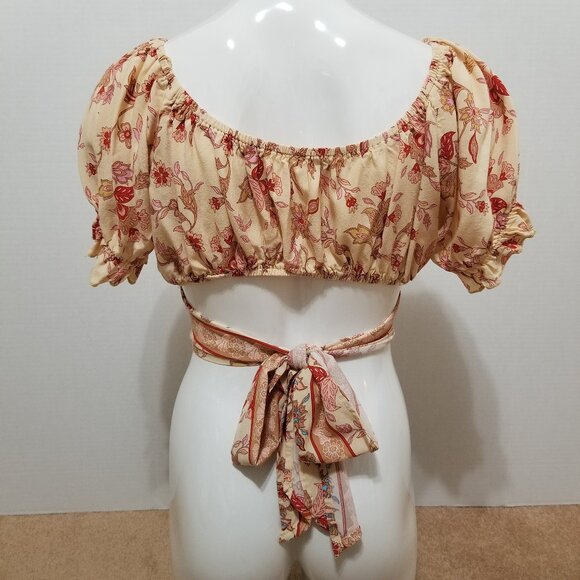 Rusttydustty top Large floral print cropped puff sleeve cutout tie back boho - Picture 3 of 13